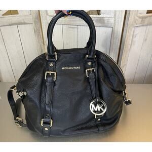 Michael Kors Bedford Bowling Medium Black Leather Satchel Bag Crossbody Strap